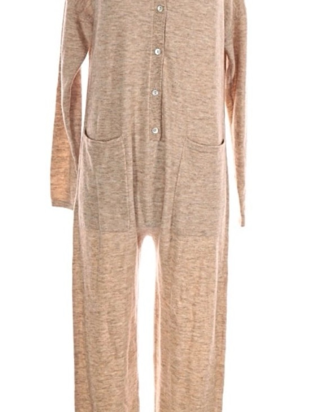 Zara Beige Long-Sleeve Knit Jumpsuit with Front Buttons